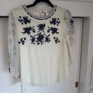 Elegant White and Blue Embroidered Women's Top